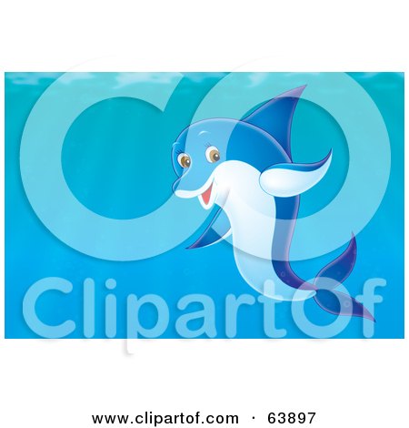 Royalty-Free (RF) Clipart Illustration of a Friendly Blue Swimming Dolphin In Blue Water by Alex Bannykh