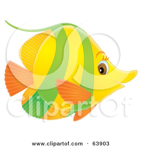 Royalty-Free (RF) Clipart Illustration of a Green, Orange And Yellow Brown Eyed Airbrushed Marine Fish by Alex Bannykh