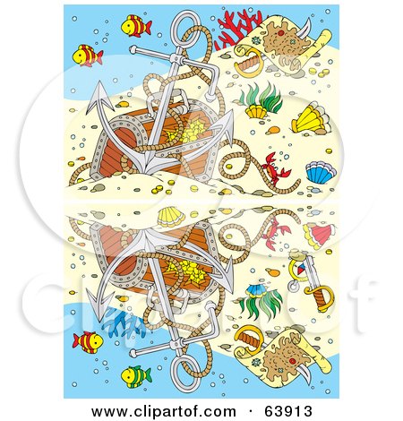Royalty-Free (RF) Clipart Illustration of a Sunken Treasure Underwater, With Fish And An Anchor And A Reflection by Alex Bannykh