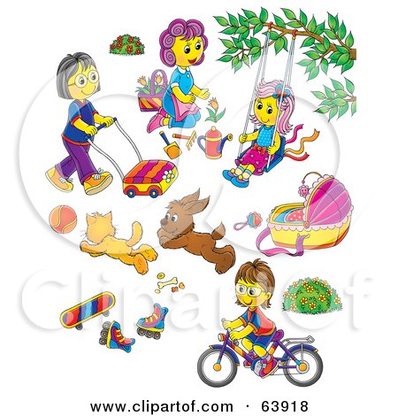 Royalty-Free (RF) Clipart Illustration of a Digital Collage Of Mothers, Children, Toys And Pets by Alex Bannykh