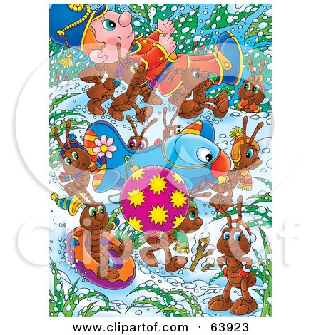Royalty-Free (RF) Clipart Illustration of a Group Of Ants Carrying A Bauble, Airplane And Toy Soldier Through The Snow by Alex Bannykh