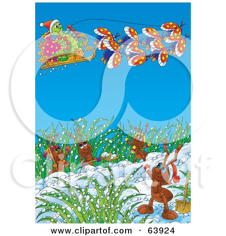 Royalty-Free (RF) Clipart Illustration of a Caterpillar Santa Flying A Sleigh Over Ants by Alex Bannykh