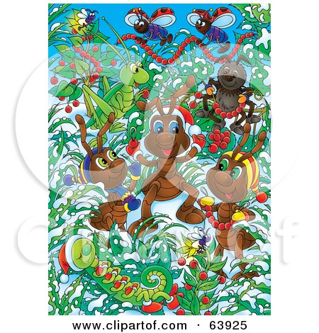 Royalty-Free (RF) Clipart Illustration of Festive Christmas Bugs Decorating Plants In The Snow by Alex Bannykh