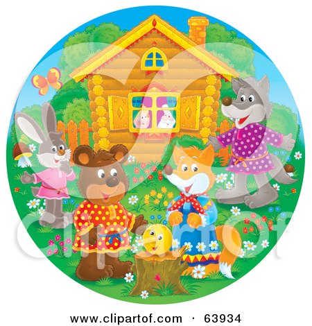 Royalty-Free (RF) Clipart Illustration of a Round Scene Of Happy Animals By A Tree Stump In Front Of A Cabin by Alex Bannykh