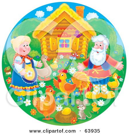 Royalty-Free (RF) Clipart Illustration of a Round Scene Of A Man And Woman With Their Birds, Mouse And Golden Egg by Alex Bannykh