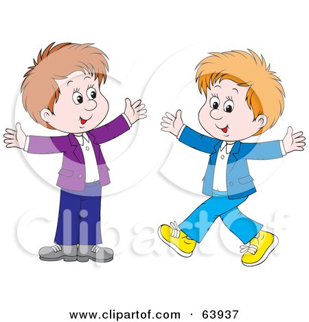 Royalty-Free (RF) Clipart Illustration of Two Happy Boys Walking Toward Each Other With Their Arms Open by Alex Bannykh