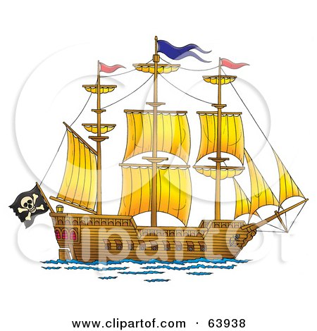 Royalty-Free (RF) Clipart Illustration of a Large Pirate Ship With A Flag And Sails by Alex Bannykh