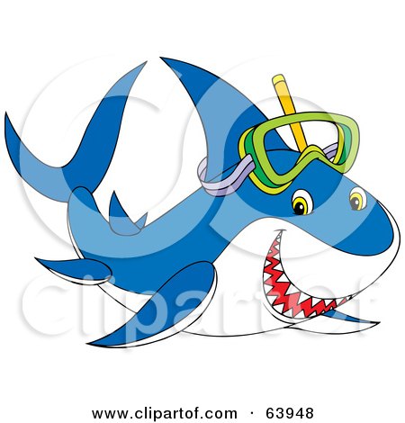 Royalty-Free (RF) Clipart Illustration of a Smiling Blue Shark Wearing A Green Snorkel Mask by Alex Bannykh