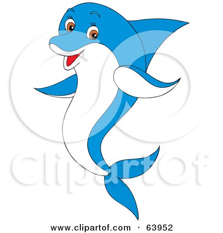 Royalty-Free (RF) Clipart Illustration of a Friendly Blue And White Dolphin With Brown Eyes by Alex Bannykh