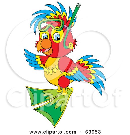 Royalty-Free (RF) Clipart Illustration of a Friendly Parrot With Colorful Feathers, Wearing Snorkel Gear by Alex Bannykh