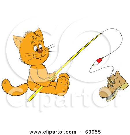Royalty-Free (RF) Clipart Illustration of a Kitty Cat Reeling In A Boot On A Fishing Pole by Alex Bannykh