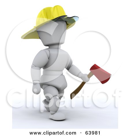 Royalty-Free (RF) Clipart Illustration of a 3d White Character Fireman Wearing A Hardhat And Carrying An Axe by KJ Pargeter