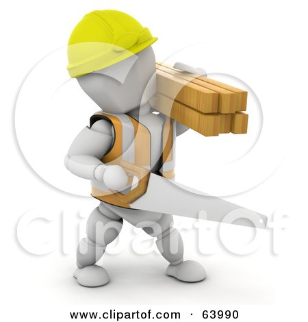 Royalty-Free (RF) Clipart Illustration of a 3d White Character Construction Worker Wearing A Hardhat And Vest And Carrying A Saw And Lumber by KJ Pargeter