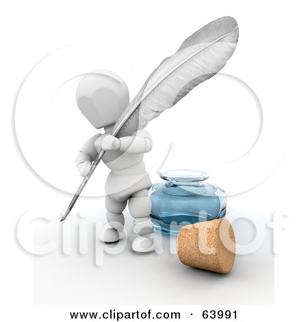 Royalty-Free (RF) Clipart Illustration of a 3d White Character Writing With A Large Feather Quill Near An Ink Well by KJ Pargeter