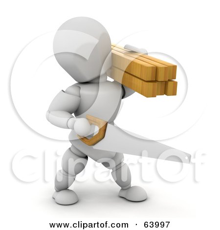 Royalty-Free (RF) Clipart Illustration of a 3d White Character Construction Worker Carrying A Saw And Lumber by KJ Pargeter