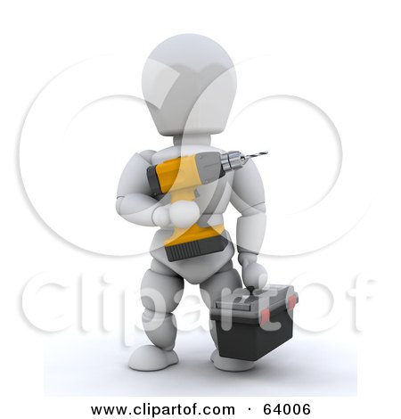 Royalty-Free (RF) Clipart Illustration of a 3d White Character Construction Worker Holding A Power Drill And Tool Box by KJ Pargeter