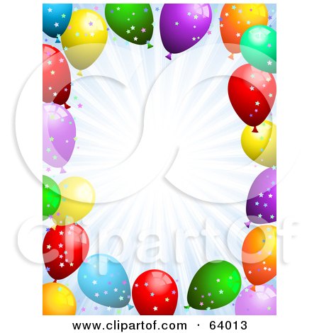 Royalty-Free (RF) Clipart Illustration of a Pastel Burst Background Bordered With Confetti And Party Balloons by KJ Pargeter