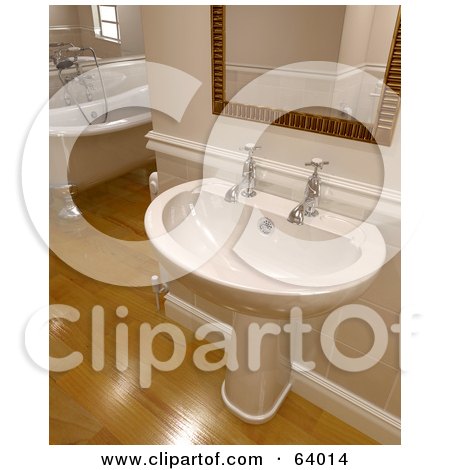 Royalty-Free (RF) Clipart Illustration of a Hand Washing Sink Under A Mirror In A Bathroom With A Claw Foot Tub And Wood Floors by KJ Pargeter