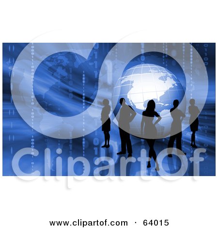 Royalty-Free (RF) Clipart Illustration of a Group Of Silhouetted Business People Around A Blue Globe On A Binary Background by KJ Pargeter