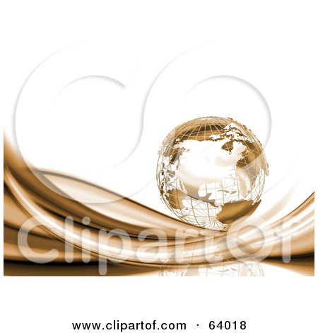 Royalty-Free (RF) Clipart Illustration of a 3d Golden Wire Globe On Swooshes, Against White by KJ Pargeter