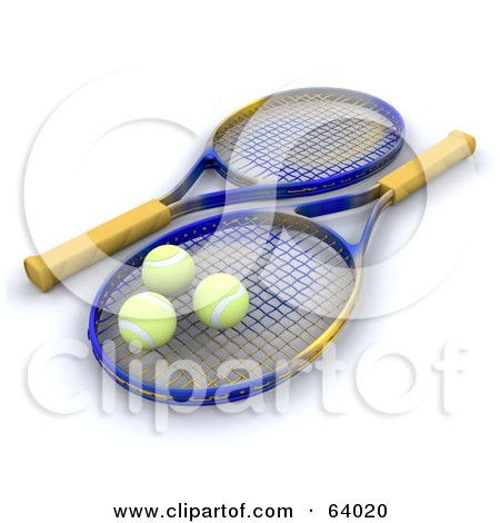 Royalty-Free (RF) Clipart Illustration of Three 3d Tennis Balls Resting On Rackets by KJ Pargeter