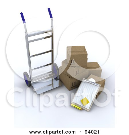 Royalty-Free (RF) Clipart Illustration of a 3d Hand Truck By Shipping Boxes And A Clipboard by KJ Pargeter