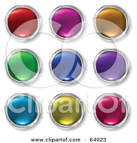 Royalty-Free (RF) Clipart Illustration of a Digital Collage Of Colorful Shiny Round Buttons Rimmed In Chrome by KJ Pargeter