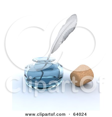 Royalty-Free (RF) Clipart Illustration of a White Feather Quill Resting In A Glass Ink Well By A Cork by KJ Pargeter