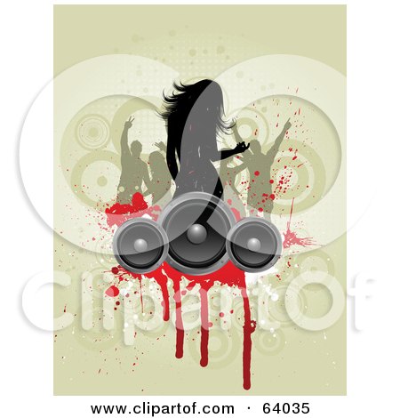 Royalty-Free (RF) Clipart Illustration of a Silhouetted Woman And Friend Dancing Above Speakers With Red Grunge On Brown by KJ Pargeter