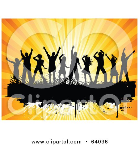 Royalty-Free (RF) Clipart Illustration of a Group Of Black Silhouetted Dancers Over A Grungy Text Bar On A Bursting Orange Background by KJ Pargeter