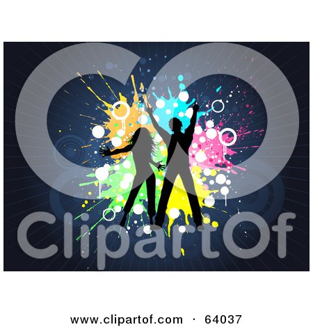 Royalty-Free (RF) Clipart Illustration of a Silhouetted Dancing Couple On A Grungy Splatter Background On Blue by KJ Pargeter