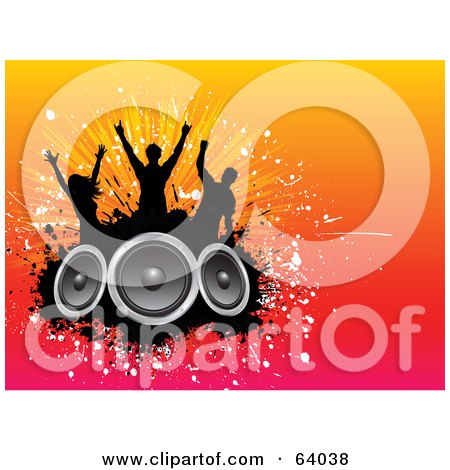 Royalty-Free (RF) Clipart Illustration of Three Silhouetted Dancers Over Speakers On A Colorful Gradient Background by KJ Pargeter