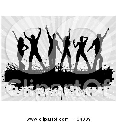 Royalty-Free (RF) Clipart Illustration of a Group Of Black Silhouetted Dancers Over A Grungy Text Bar On A Bursting Gray Background by KJ Pargeter