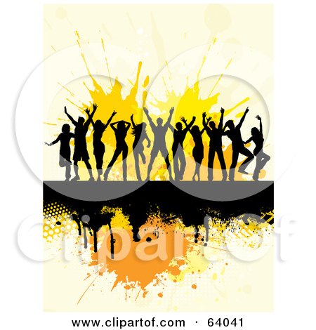 Royalty-Free (RF) Clipart Illustration of a Group Of Silhouetted Dancers On A Black Grunge Bar Over Orange Splatters by KJ Pargeter