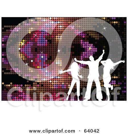 Royalty-Free (RF) Clipart Illustration of White Silhouetted Dancers Against A Colorful Disco Background, With A White Floor by KJ Pargeter