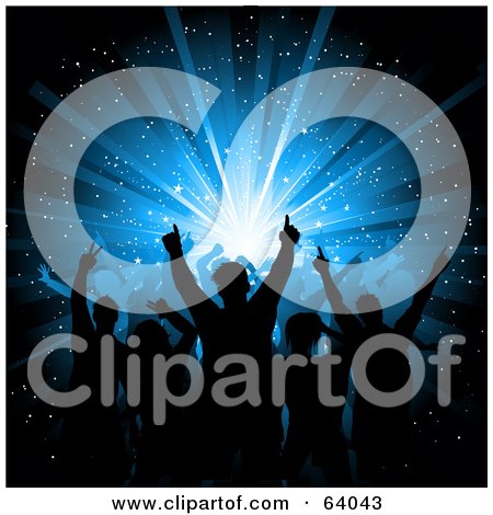 Royalty-Free (RF) Clipart Illustration of a Group Of Silhouetted Dancers Waving Their Arms Against A Blue Burst by KJ Pargeter