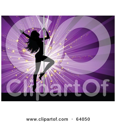 Royalty-Free (RF) Clipart Illustration of a Sexy Silhouetted Pole Dancer On A Bursting Purple Background With Stars by KJ Pargeter