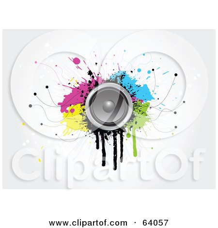 Royalty-Free (RF) Clipart Illustration of a Music Speaker On Colorful Grungy Splatters On An Off White Background by KJ Pargeter