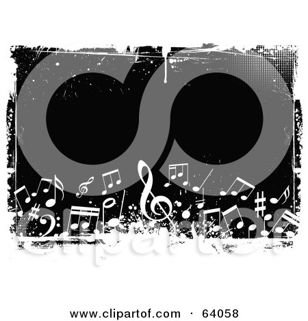 Royalty-Free (RF) Clipart Illustration of a Black Background Bordered In White Grunge With Music Notes by KJ Pargeter