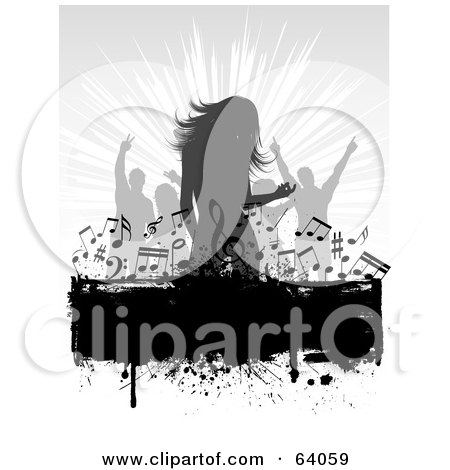 Royalty-Free (RF) Clipart Illustration of Gray Silhouetted Dancers Over A Black Grunge Text Box With Music Notes by KJ Pargeter