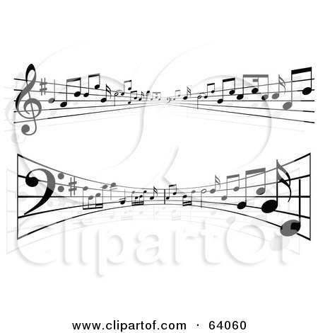 Royalty-Free (RF) Clipart Illustration of a Digital Collage Of Two Lines Of Sheet Music Flowing Into The Distance And Curving by KJ Pargeter