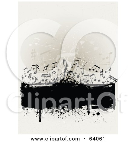Royalty-Free (RF) Clipart Illustration of a Black Grunge Text Box With Music Notes On A Faint Brown Background by KJ Pargeter
