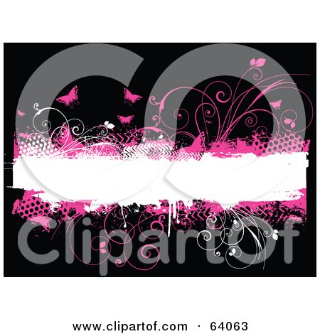 Royalty-Free (RF) Clipart Illustration of Grungy Pink Halftone, Vines And Butterflies Around A White Text Box On Black by KJ Pargeter