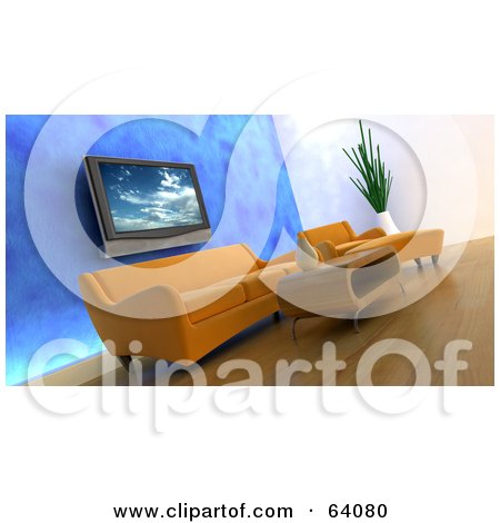 Royalty-Free (RF) Clipart Illustration of a Modern Living Room With Wood Floors, Orange Furniture, A Blue Wall And A Plasma Tv by KJ Pargeter