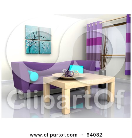 Royalty-Free (RF) Clipart Illustration of a 3d Interior With A Purple Sofa And Light Wood Table by KJ Pargeter