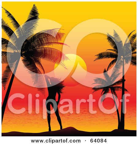 Royalty-Free (RF) Clipart Illustration of a Sexy Silhouetted Woman Standing Between Palm Trees Against An Orange Sunset by KJ Pargeter