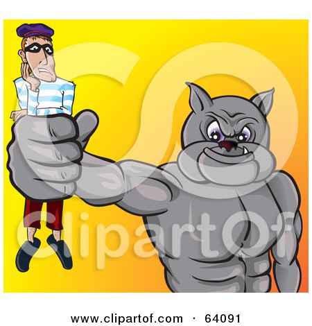 Royalty-Free (RF) Clipart Illustration of a Strong Bulldog Holding A Burglar In His Fist by Paulo Resende