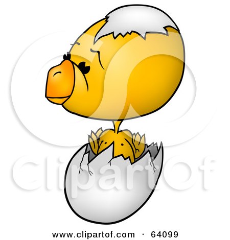 Royalty-Free (RF) Clipart Illustration of a Yellow Baby Chick Hatching From An Egg With A Shell On His Head by dero