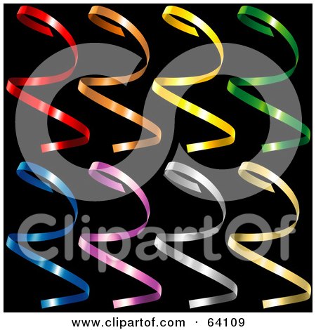 Royalty-Free (RF) Clipart Illustration of a Digital Collage Of Colorful Curly Confetti Strips On A Black Background - Version 1 by dero