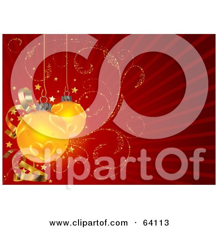 Royalty-Free (RF) Clipart Illustration of Yellow Heart Christmas Ornaments, Stars, Glitter Vines And Ribbons On A Red Background by dero